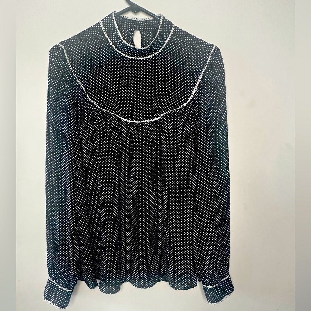 Who What Wear Black Polka Dot Long Sleeve Puff Blouse Size: L